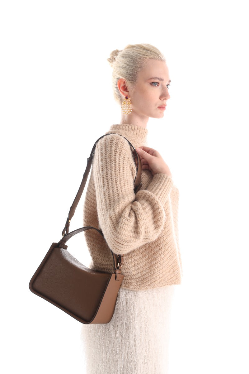 High Quality Small Embossed Leather Handbag - M. Brown